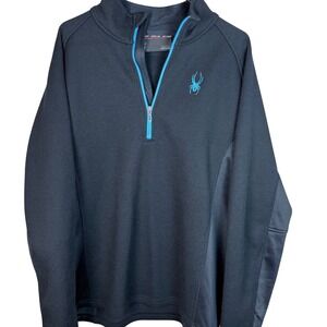 Spyder Mens XXL Black Teal 1/4 Zip Textured Fleece Lined Pullover Activewear
